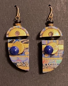 Handcrafted Modernist Gold Tone Blue Stone Bohemian Drop Pierced Post Earrings - Picture 1 of 6