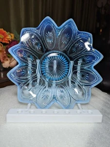 Antique 8" Northwood Blue Opalescent Glass Spoke & Wheels Flared 12 Pedal Bowl - Picture 1 of 10