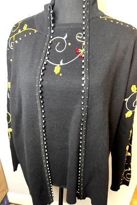 Quacker Factory Christmas Sweater Set Size M Black Gold Red Embroidery Trim - Image 1 of 4