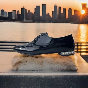 Russell& Bromley black jewelled heel patent leather lace up oxfords flats 4 1/2 - Picture 1 of 12