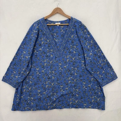 Camisa túnica para mujer Jill 4X azul floral cuello en V manga 3/4 mezcla tencel pulóver Foto 1 de 4