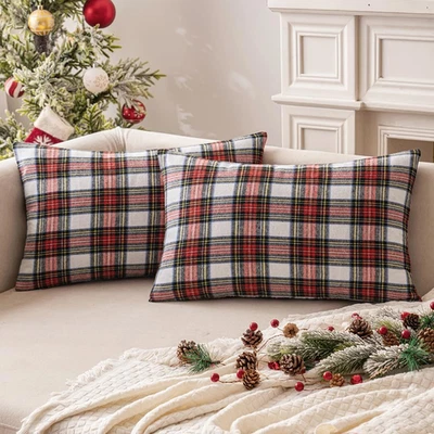 Christmas Set of 2 Scottish Tartan Plaid Lumbar Throw Pillow Covers Farmhouse Cl - Image 1 of 4