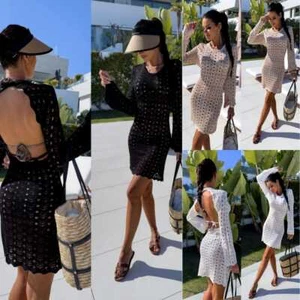 Damas Nuevo Vestido Tejido Sin Espalda Crochet Flor Hueco Sexy Vestido atado Mujeres - Imagen 1 de 4