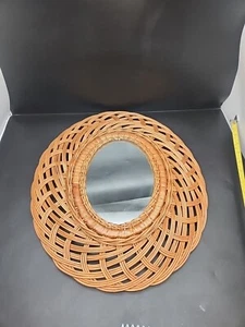 Vintage Mid Century Wicker Woven Round oval  Circular Wall Mirror boho decor - Picture 1 of 10