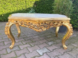 Table Vintage French Louis XVI Coffee Table with Marble Top Gilded Wood Elegant - Picture 1 of 12