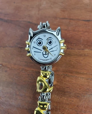 Women's Cat Face Shaped Case & Cats On Band Goldtone Watch - NEEDS NEW BATTERY - Image 1 of 4