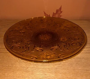 Vtg Indiana Sandwich Glass Tiara Amber 13” Footed Cake Plate - Picture 1 of 4