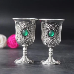Collecting Miao Silver Wine Glasses with Inlaid Green Crystal Cups(2Pcs) - Picture 1 of 5