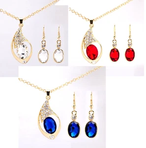 AUSTRIAN CRYSTAL DROPLET 2 PIECE SET No.29 NECKLACE EARRING RED, WHITE OR BLUE - Picture 1 of 19