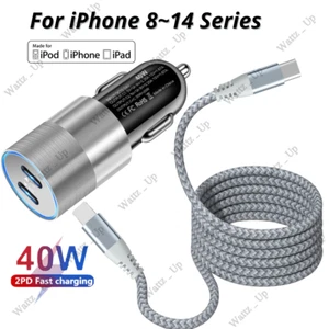 Dual Type C 40W Fast Car Charger Adapter PD Cable For iPhone 14 13 12 11 X XR 8 - Picture 1 of 14