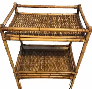 Italian Bamboo Wicker Rattan 2 Tier Side Table End Table MCM Palm Beach Chic - Picture 1 of 8