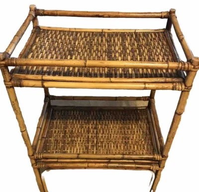 Italian Bamboo Wicker Rattan 2 Tier Side Table End Table MCM Palm Beach Chic - Image 1 of 4