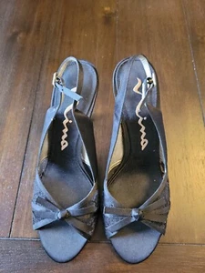 NINA Black Satin & LACE Open Toe Dress FORMAL Evening Pump Heels BOW 8.5 M shoes - Picture 1 of 4