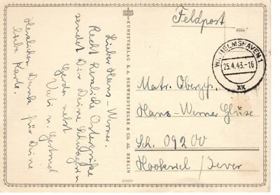 Feldpost Postkarte Stempel Wilhelmshaven 25.4.1943 - Bild 1 von 2