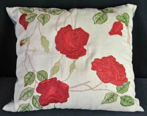 1900's Embroidery Large Pillow With Hand Embroidered Red Roses - Picture 1 of 10