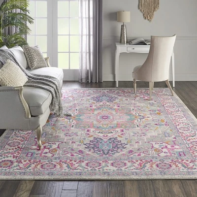 Tapete de área Home Passion Bohemian cinza claro/rosa 8' X 10', fácil de limpar, sem derramamento... - Imagem 1 de 4