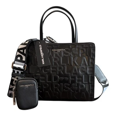Karl Lagerfeld Womens Embossed Logo Maybelle Satchel Crossbody BlackMedium NWT - Image 1 of 4