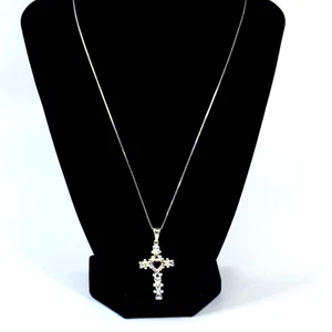 925 Thailand Silver Cross Pendant Necklace Red Glass Center 20" Victorian Chain - Picture 1 of 7