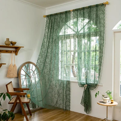 Olive Green Lace Curtains 63 Inches Long 2 Panels, Sheer Floral Embroidery Ruffl — 第 1/4 张图片