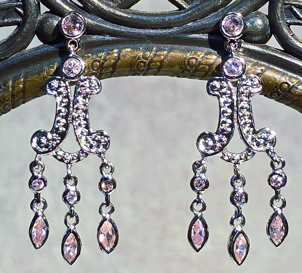 Pendientes de araña ornamentados de plata de ley rosa hielo circonita cúbica imitación zafiro rosa 925 Foto 1 de 2