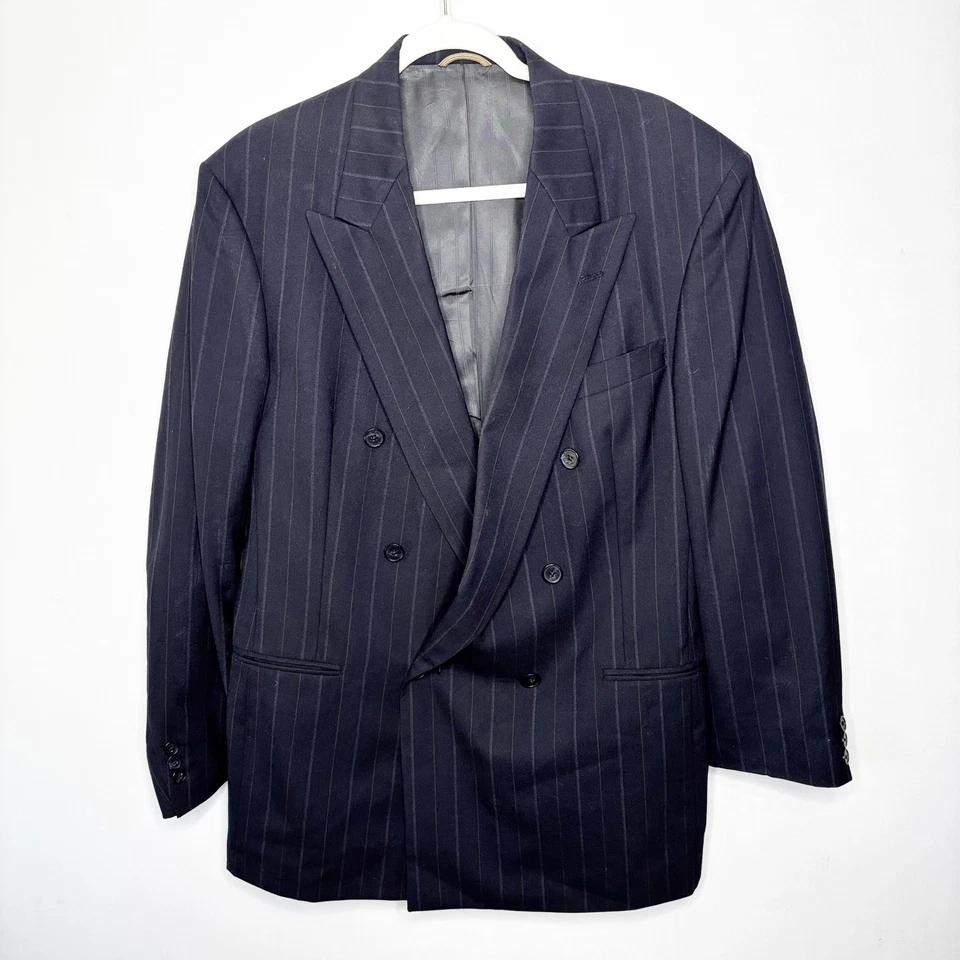 Chaqueta Blazer Henry Grethel Pin Rayas Doble Pecho Talla 41R Lana Azul Marino Foto 1 de 4