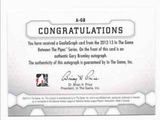 2012-13 IN THE GAME BETWEEN THE PIPES GARY BROMLEY AUTO BUFFALO SABRES #A-GB