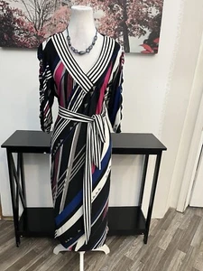 Ashley Stewart Women’s Midi Dress Size 14/16 V Neck 3/4 Sleeve Striped With Tie - Picture 1 of 12