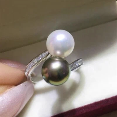 Charm 11-12mm South Sea Genuine White Peacock Green Pearl Ring Adjustable Size 5 - Image 1 of 4