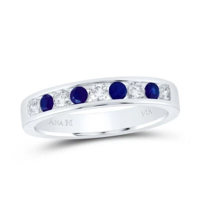 Anillo de diamantes y zafiros azules naturales para mujer de oro blanco de 14 k de 0,50 quilates cuadrados Foto 1 de 2