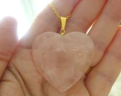 Large  Rose Quartz Heart Pendant Necklace 18k Gold Plated Chain. - Image 1 of 4