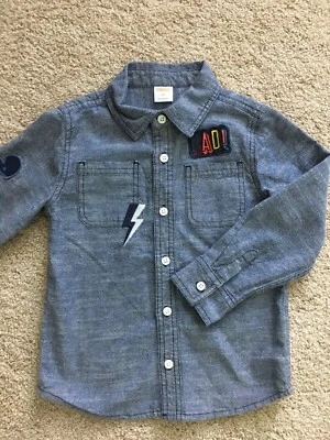 Gymboree Boys Button Up Shirt Blue Multicolored Appliques Size 4 EUC Worn Once! - Image 1 of 4