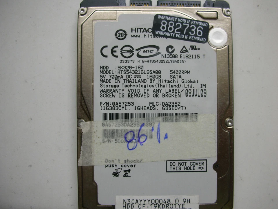 (BC) Hitachi 160GB HTS543216L9SA00 220 0A90002 01 2.5 25 2 5 SATA HDD Hard Disk - Image 1 of 1