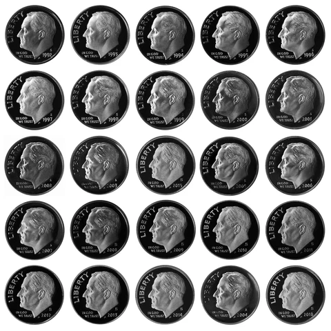 1992 S -2016 S Roosevelt Dime 90% Silver Gem Deep Cameo Proof Run 25 Coins Cover