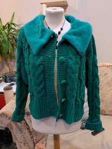 Boohoo Beautiful Green Short Cardigan Faux Fur Trim Collar Size L - Picture 1 of 10