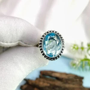 Aquamarine Ring, Silver Aquamarine Solitaire Ring, Oxidized Engagement Ring - Picture 1 of 5
