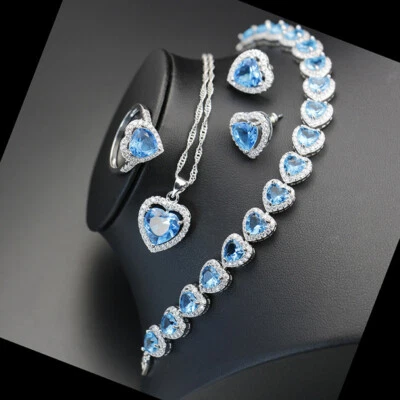 Nuevo Conjunto de Joyas Corazón Azul Cielo Topacio Gemas Mujeres Collar Pulsera Pendiente Anillo Foto 1 de 4