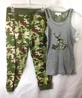 Bobbie Brooks Camuflagem “Buck Off” Camuflagem Lounge PJ Conjunto Calça Regata Renda Traseira Nova Com Etiqueta - Imagem 1 de 4