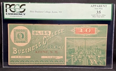 1890s NEW HAMPSHIRE Keene Bliss Business College $10 Rare Banknote Currency PCGS - Image 1 of 4