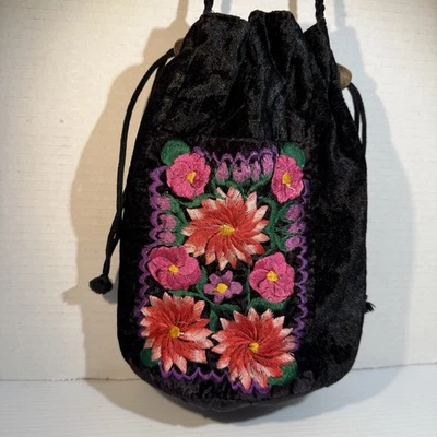 Vintage Black Velvet Crossbody Bag Floral Embroidery Red Gold Pink 100% Cotton - Image 1 of 4