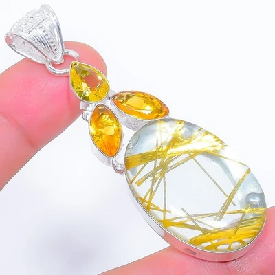 Dorato Rutilo Quarzo, Citrino Gemma 925 Argento Sterling Ciondolo Gioielli 6.6cm - Immagine 1 di 4