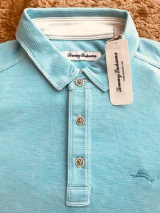 Tommy Bahama Short Sleeve Active Polo Shirt Mens Size Medium Striped Aqua NWT - Picture 1 of 4