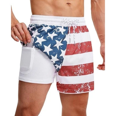 Bañador Gleeease Para Hombres Bandera Americana 2 en 1 Pantalones Cortos para Correr con Bolsillo para Teléfono Foto 1 de 4