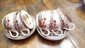 VTG Staffordshire Woodland Brown White Transferware Set 5 cups 5 saucers RARE - Picture 1 of 10