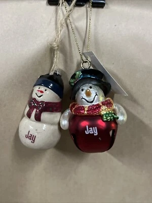 Pair Of Christmas Ganz 1.75" Snowman Personalized Ceramic & Bell Ornament “Jay” - Image 1 of 4