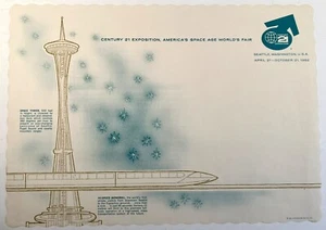 SEATTLE WELTAUSSTELLUNG 1962 ORIGINAL EINSCHIENENBAHN & WELTRAUMNADEL (TURM) TISCHSET - Bild 1 von 2