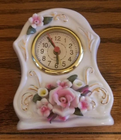 Vintage Miniature Porcelain Quartz Novelty Mantel Alarm Clock -Floral Design- GC Cover