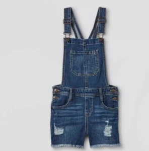 New! Girls' Destructed Jean Shortalls - Cat & Jack Dark Wash Sz XXL Plus - Picture 1 of 3