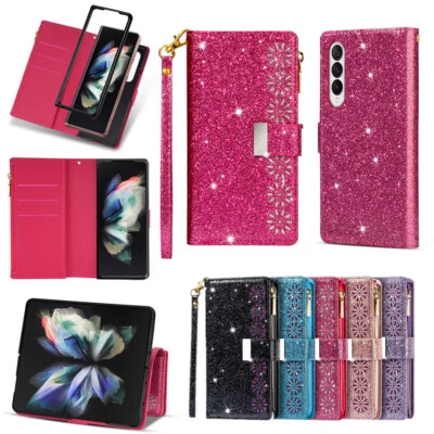For Samsung Galaxy Z Fold6 Fold5 Glitter PU Leather Zipper Wallet Case W/Strap - Image 1 of 4