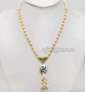 5-6mm White Round Pearl & Orange crystal & Cloisonne pendant 18'' Necklace-n6386 - Picture 1 of 5