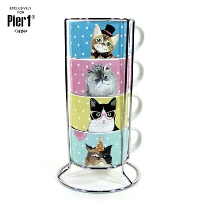 Pier 1 Imports PARTY CATS 7 oz Juego de tazas y estante 5 piezas Sombreros Gafas Azul Rosa Dorado  Foto 1 de 4